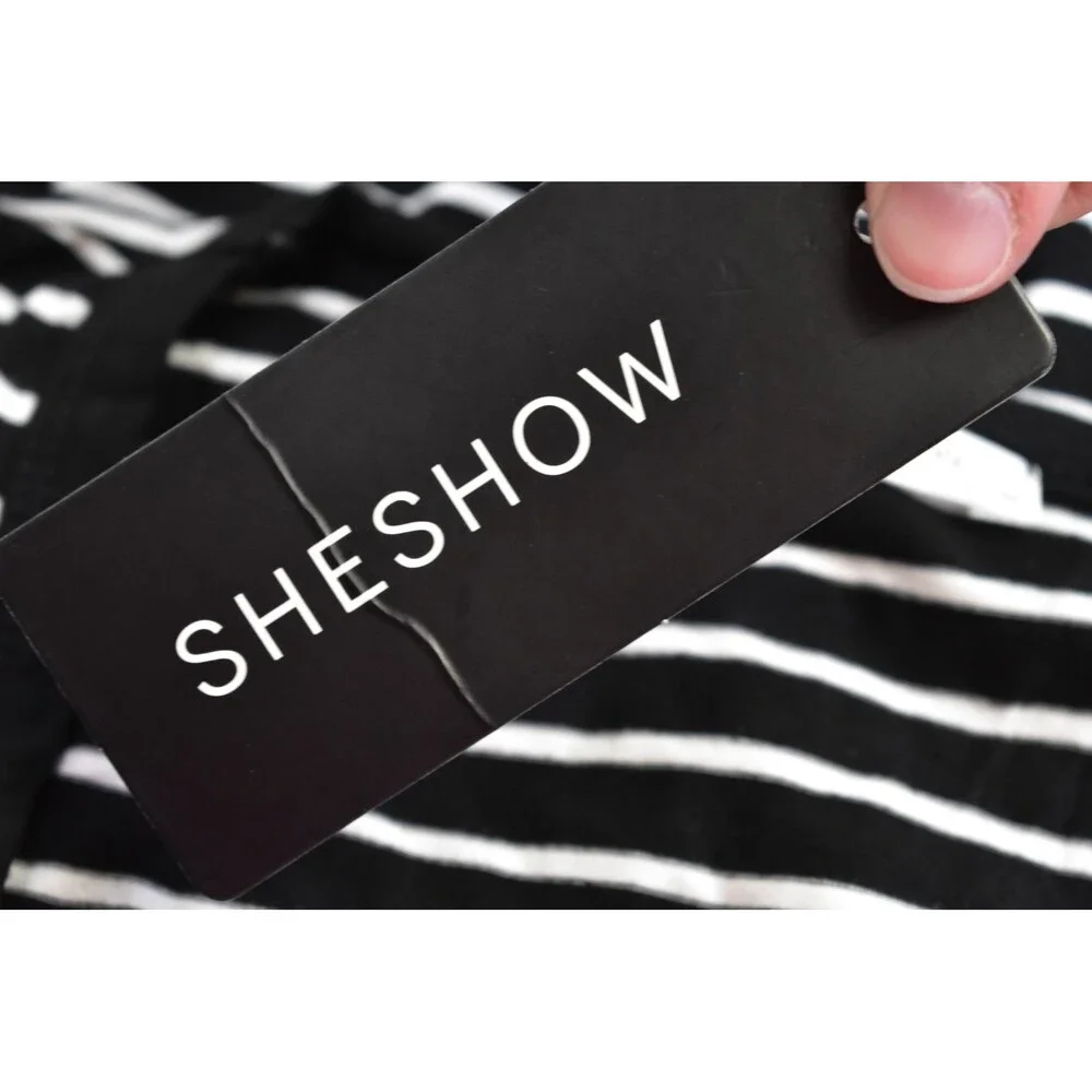 sheshow Womens Black White Striped Short Sleeve Button Up Long Pajama Shirt M - Picture 6 of 7